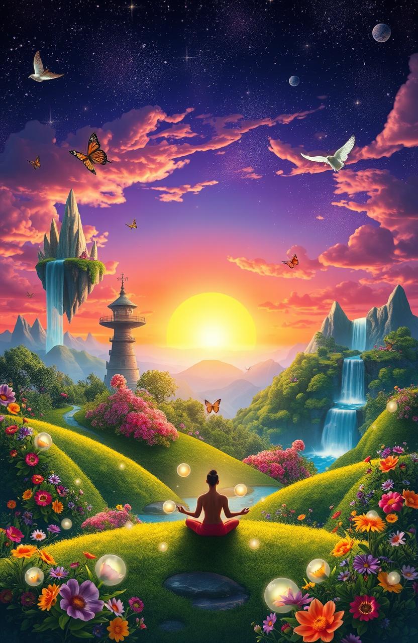 A vibrant and surreal representation of the concept of 'life's dream', showcasing a fantastical landscape filled with lush greenery, colorful flowers, and whimsical elements like floating islands and sparkling waterfalls