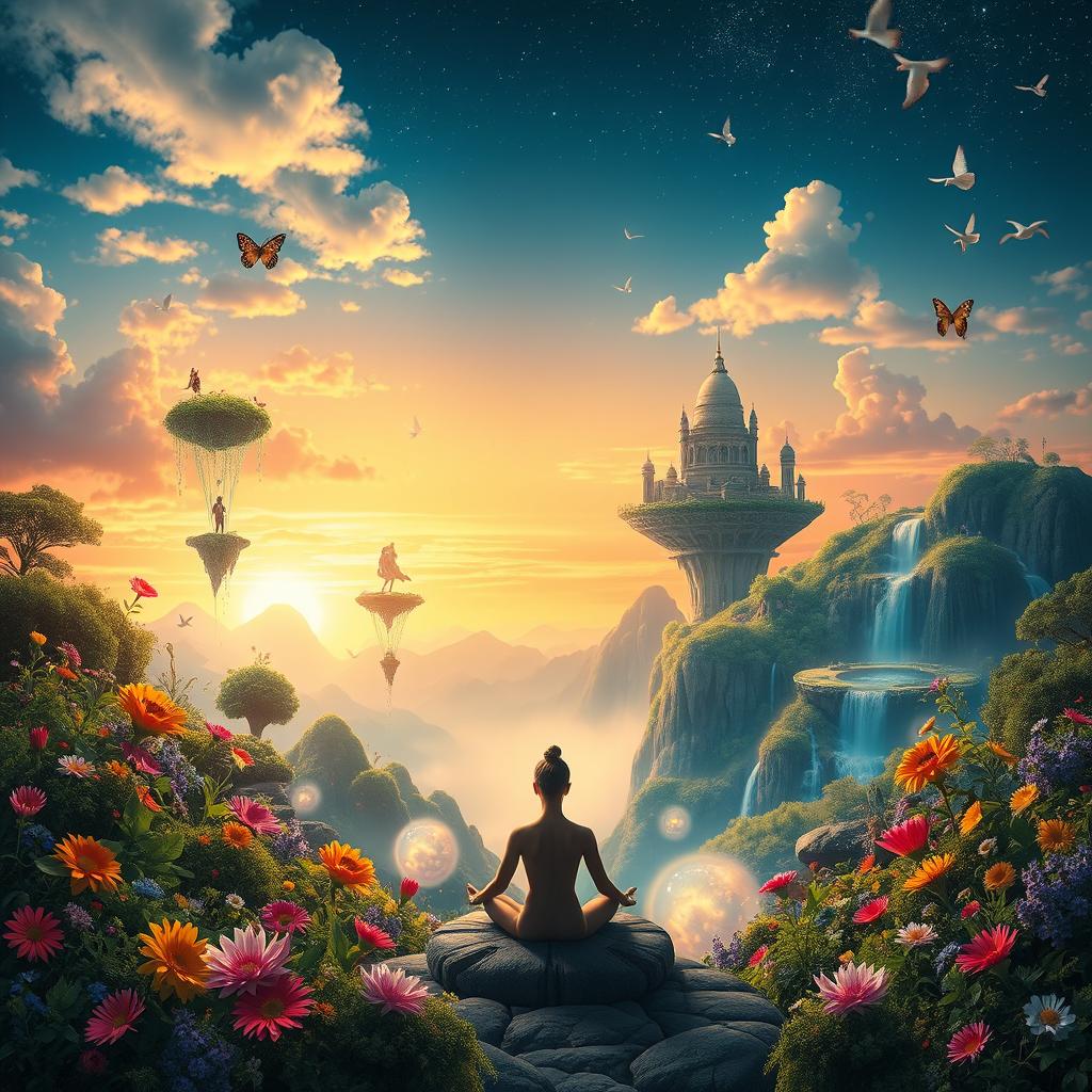 A vibrant and surreal representation of the concept of 'life's dream', showcasing a fantastical landscape filled with lush greenery, colorful flowers, and whimsical elements like floating islands and sparkling waterfalls
