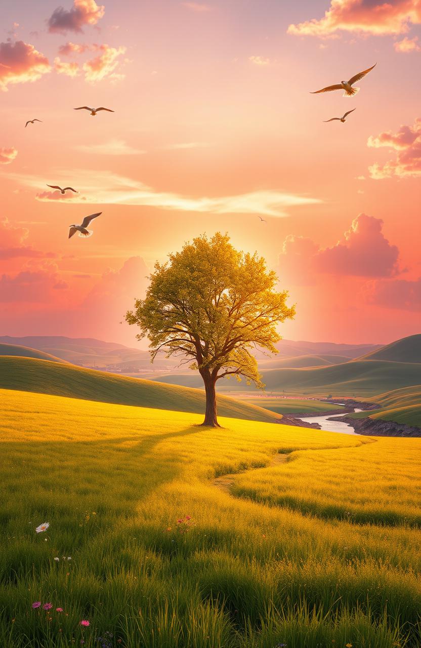 A dreamlike scene symbolizing the essence of life, featuring a vast open field under a vibrant sunset, with soft rolling hills in the background