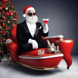 James Bond styled Santa Claus in a sophisticated suit with a Christmas twist, sipping milk from a martini glass, standing beside a high-tech sleigh that resembles Bond's iconic car.