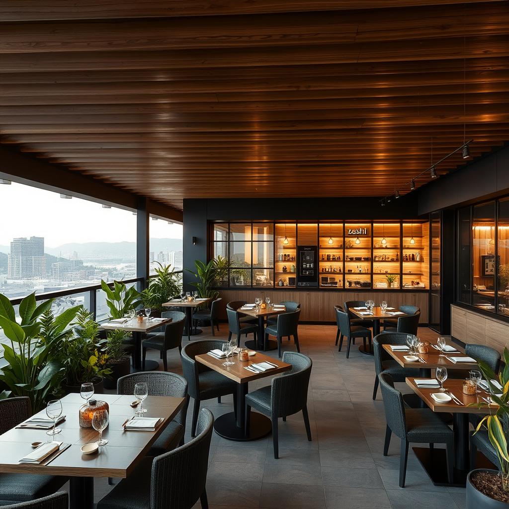Elegant Rooftop Sushi Restaurant: A Nighttime Dining Experience