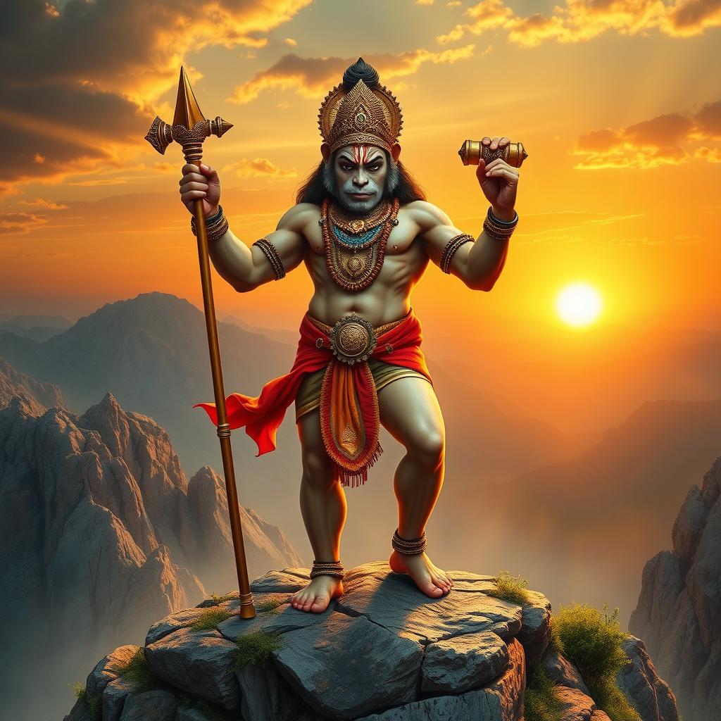 A majestic depiction of the Hindu god Hanuman, characterized by a monkey face and a fully muscular human body, standing confidently atop a rugged mountain