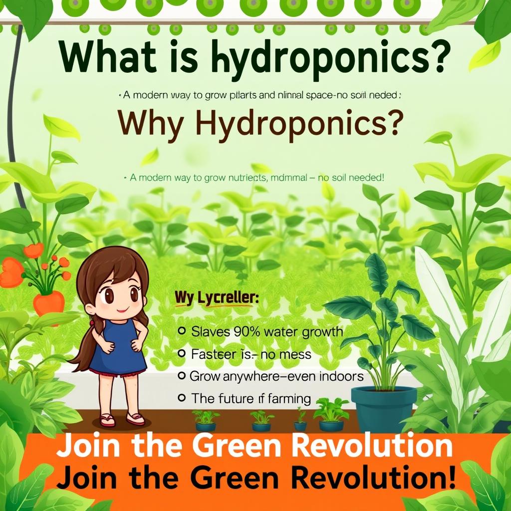 A vibrant and informative poster advertising a hydroponics club, featuring a cartoon girl similar to the one in the referenced image