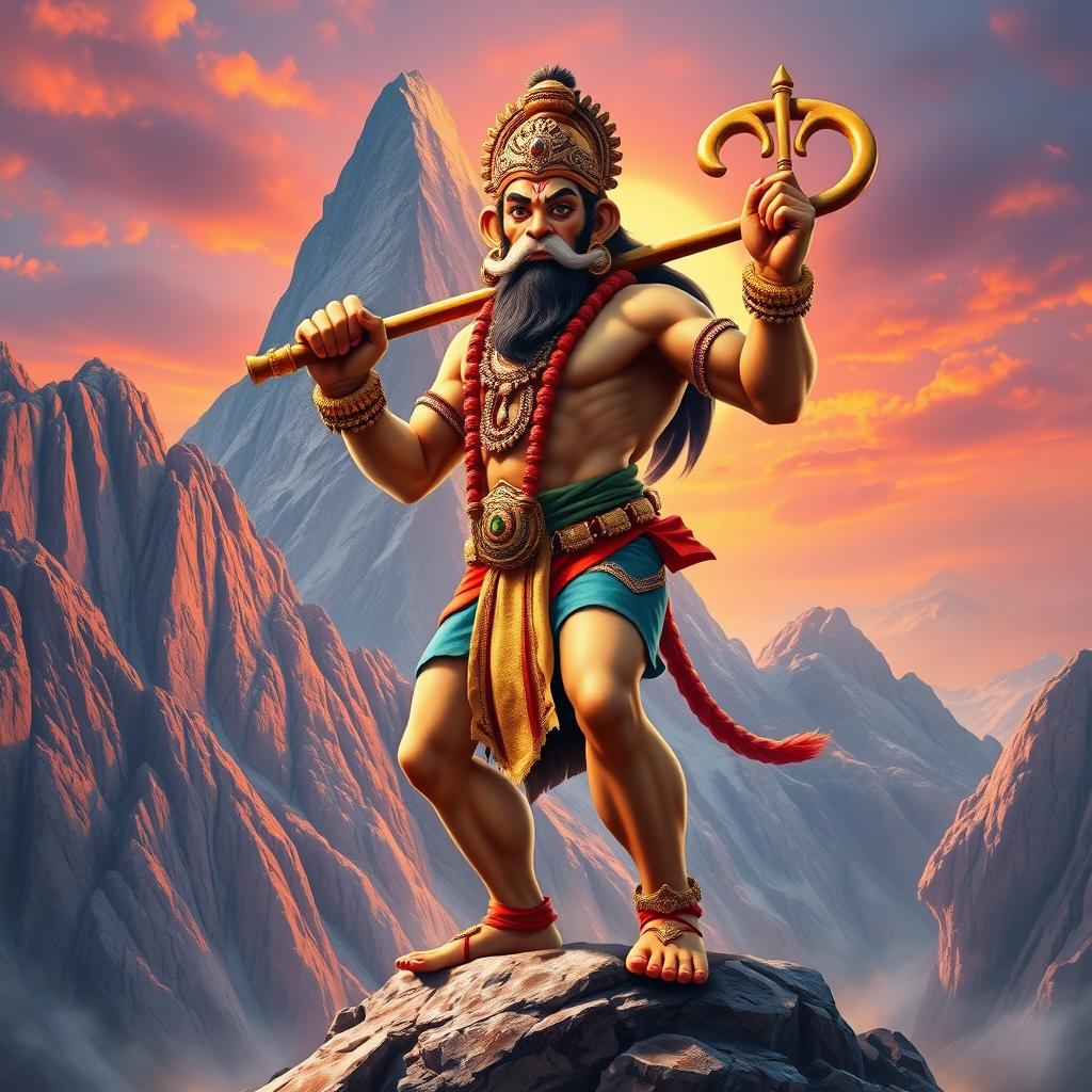 A powerful representation of the Hindu god Hanuman, characterized by a monkey face and a robust human body, standing proud on a large mountain