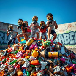 A group of children wearing vibrant gas masks, playing energetically atop a colorful pile of assorted garbage, including old toys, plastic bottles, and crumpled paper
