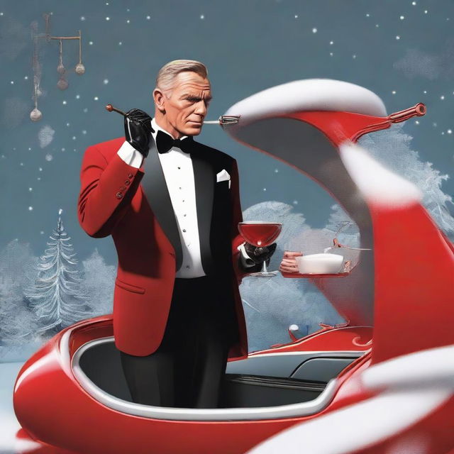 James Bond styled Santa Claus in a sophisticated suit with a Christmas twist, sipping milk from a martini glass, standing beside a high-tech sleigh that resembles Bond's iconic car.