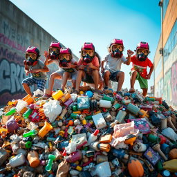A group of children wearing vibrant gas masks, playing energetically atop a colorful pile of assorted garbage, including old toys, plastic bottles, and crumpled paper