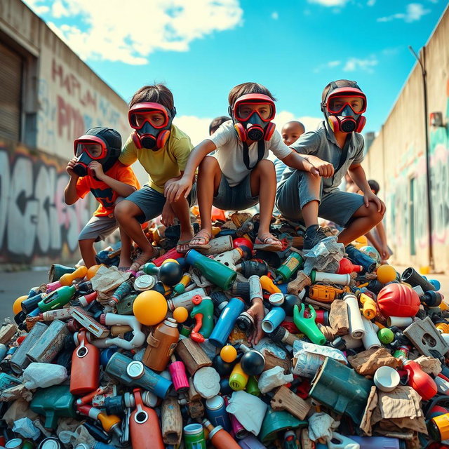 A group of children wearing vibrant gas masks, playing energetically atop a colorful pile of assorted garbage, including old toys, plastic bottles, and crumpled paper