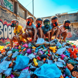 A group of children wearing vibrant gas masks, playing energetically atop a colorful pile of assorted garbage, including old toys, plastic bottles, and crumpled paper