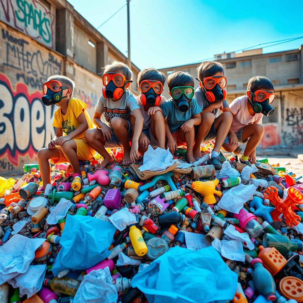 A group of children wearing vibrant gas masks, playing energetically atop a colorful pile of assorted garbage, including old toys, plastic bottles, and crumpled paper