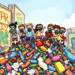 A vibrant, drawn illustration of a group of children wearing colorful gas masks, joyfully playing on a large, whimsical pile of garbage