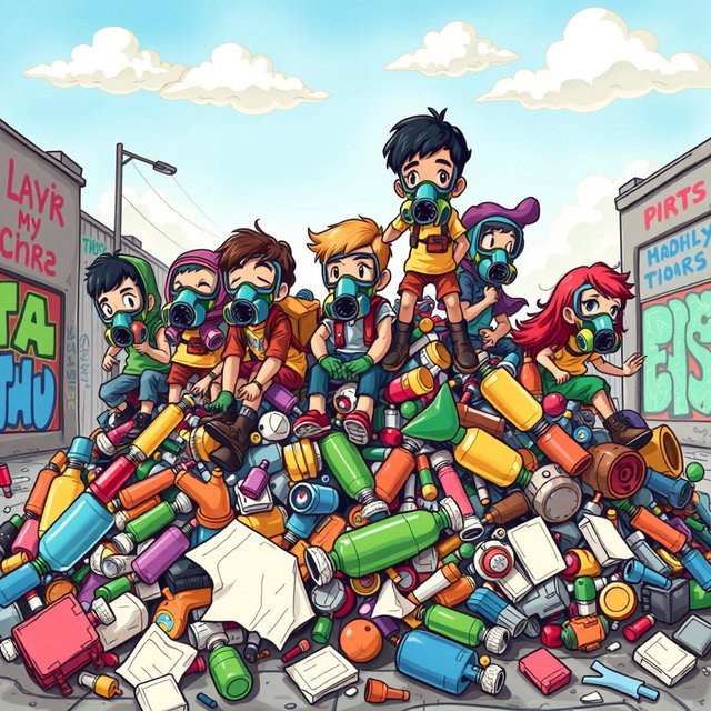 A vibrant, drawn illustration of a group of children wearing colorful gas masks, joyfully playing on a large, whimsical pile of garbage