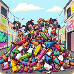 A vibrant, drawn illustration of a group of children wearing colorful gas masks, joyfully playing on a large, whimsical pile of garbage