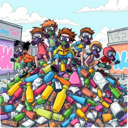 A vibrant, drawn illustration of a group of children wearing colorful gas masks, joyfully playing on a large, whimsical pile of garbage