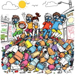 A playful, drawn illustration of a diverse group of children wearing quirky gas masks, joyfully climbing on a colorful pile of Rotring-style garbage, which includes sketchy ink drawings of discarded items like old toys and crumpled papers