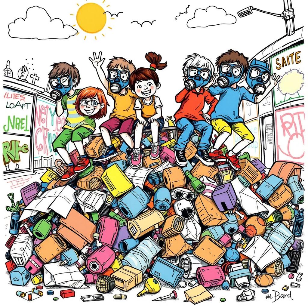A playful, drawn illustration of a diverse group of children wearing quirky gas masks, joyfully climbing on a colorful pile of Rotring-style garbage, which includes sketchy ink drawings of discarded items like old toys and crumpled papers