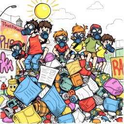 A playful, drawn illustration of a diverse group of children wearing quirky gas masks, joyfully climbing on a colorful pile of Rotring-style garbage, which includes sketchy ink drawings of discarded items like old toys and crumpled papers