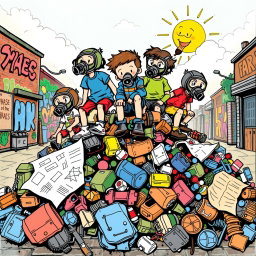 A playful, drawn illustration of a diverse group of children wearing quirky gas masks, joyfully climbing on a colorful pile of Rotring-style garbage, which includes sketchy ink drawings of discarded items like old toys and crumpled papers