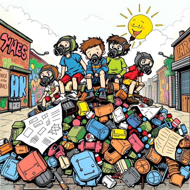 A playful, drawn illustration of a diverse group of children wearing quirky gas masks, joyfully climbing on a colorful pile of Rotring-style garbage, which includes sketchy ink drawings of discarded items like old toys and crumpled papers