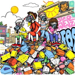 A playful, drawn illustration of a diverse group of children wearing quirky gas masks, joyfully climbing on a colorful pile of Rotring-style garbage, which includes sketchy ink drawings of discarded items like old toys and crumpled papers