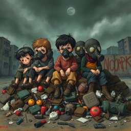 A poignant illustration of a group of sad children wearing worn-out gas masks, sitting together on a large pile of rotting garbage