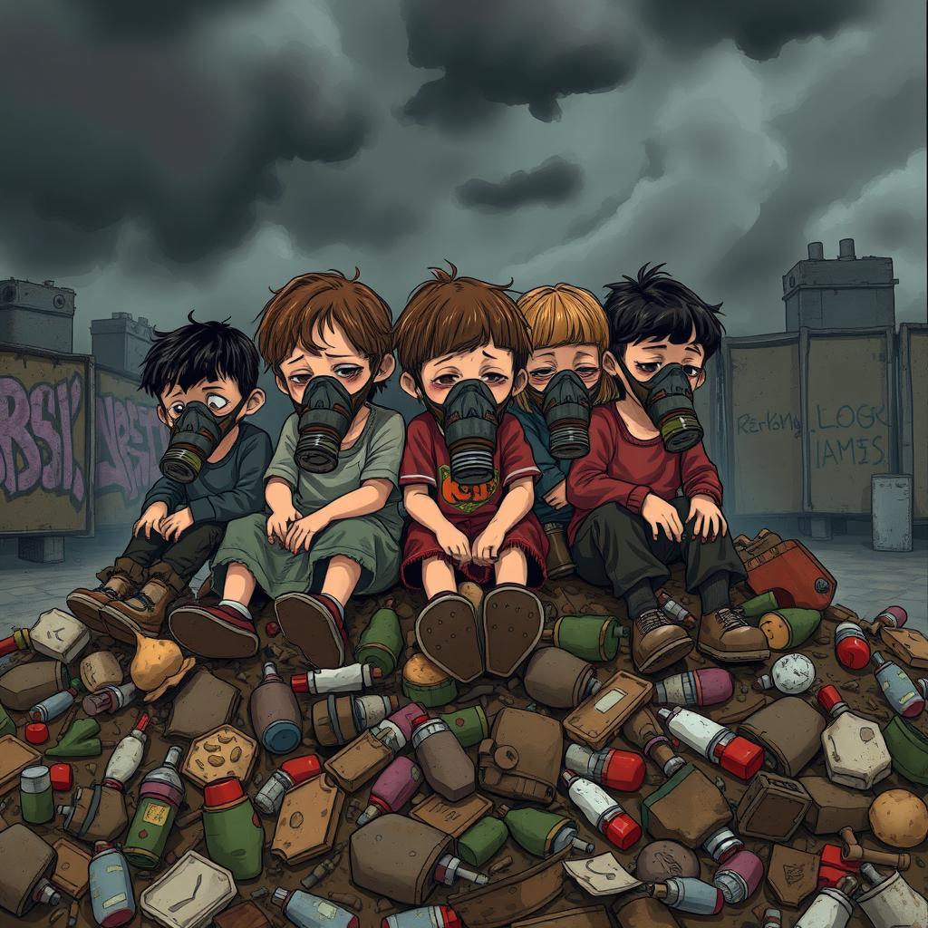 A poignant illustration of a group of sad children wearing worn-out gas masks, sitting together on a large pile of rotting garbage