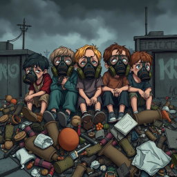 A poignant illustration of a group of sad children wearing worn-out gas masks, sitting together on a large pile of rotting garbage