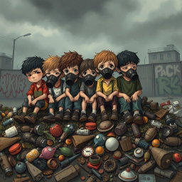 A poignant illustration of a group of sad children wearing worn-out gas masks, sitting together on a large pile of rotting garbage