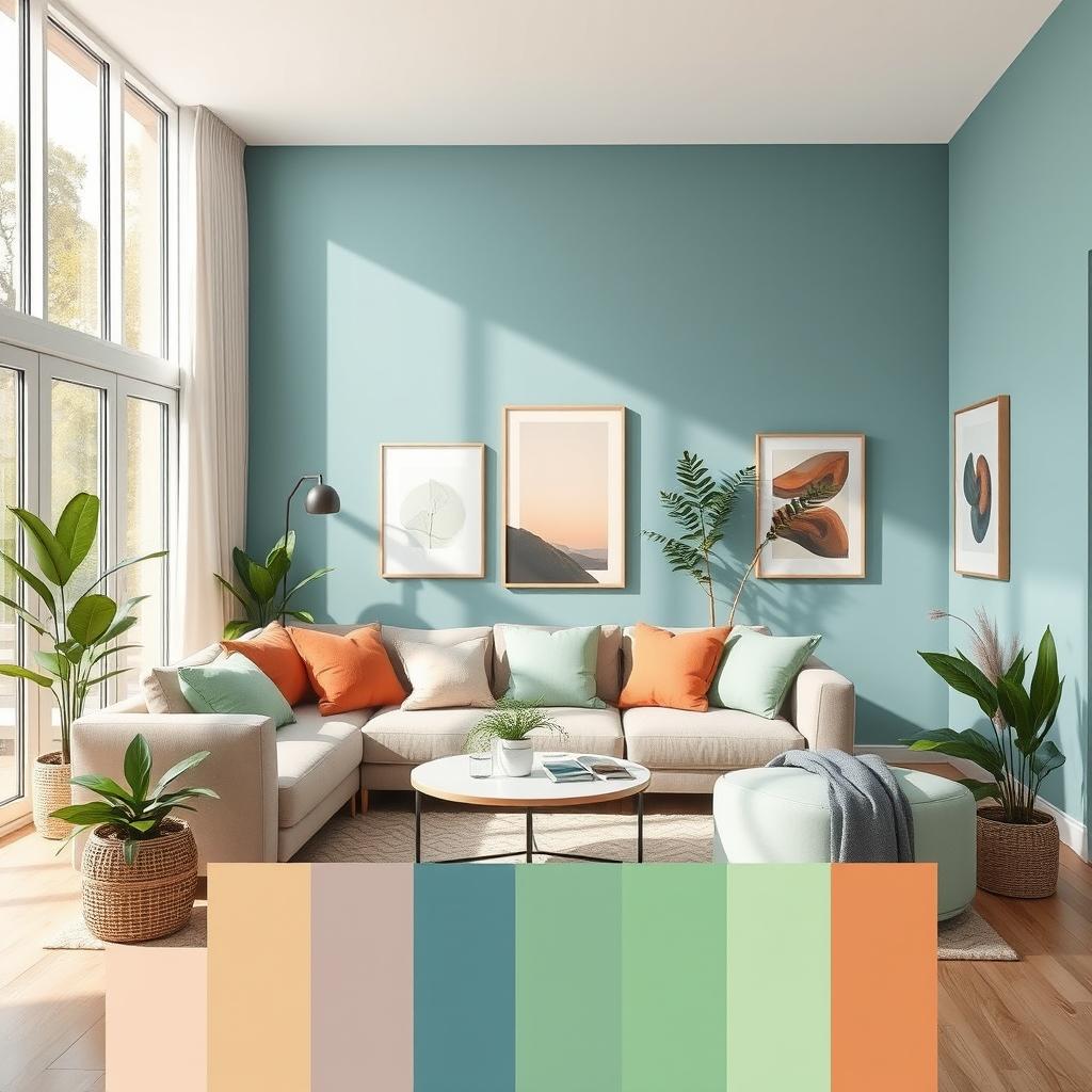 A cozy and modern living room interior featuring various wall paint colors like soft pastel blue, warm beige, and fresh mint green