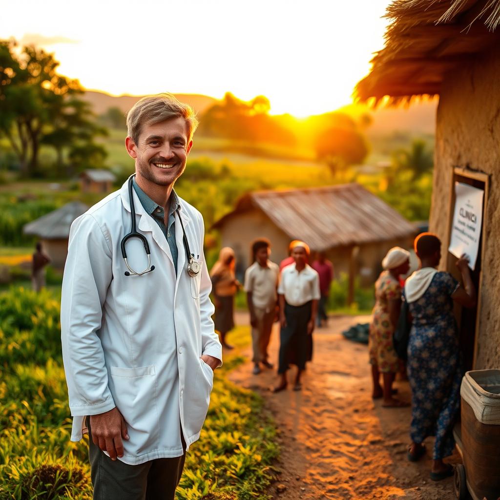 A young white doctor working in a rural African village, wearing a white lab coat over casual clothing, standing in a lush green landscape with traditional African huts in the background