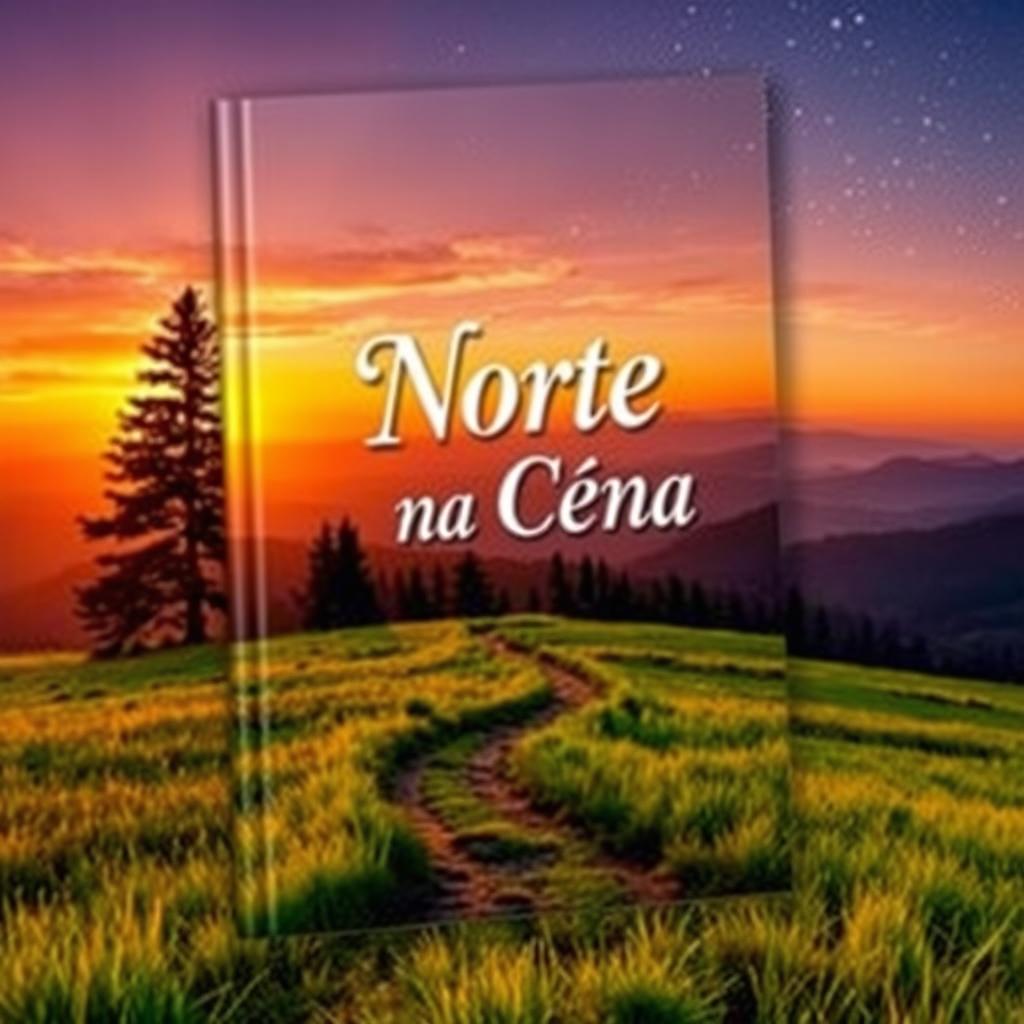A captivating book cover titled 'Norte na Cena', featuring a stunning landscape of the northern countryside at sunset