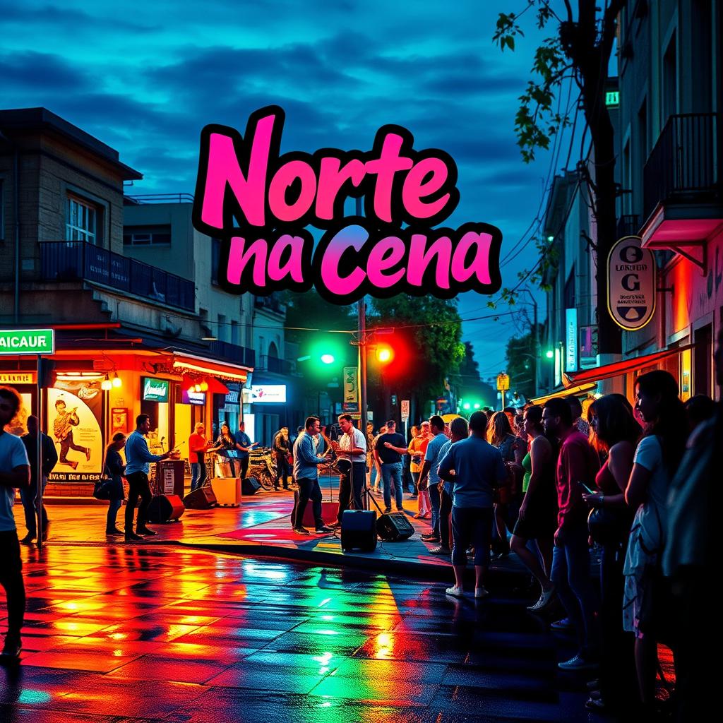A vibrant music album cover titled 'Norte na Cena', showcasing an energetic street scene at dusk