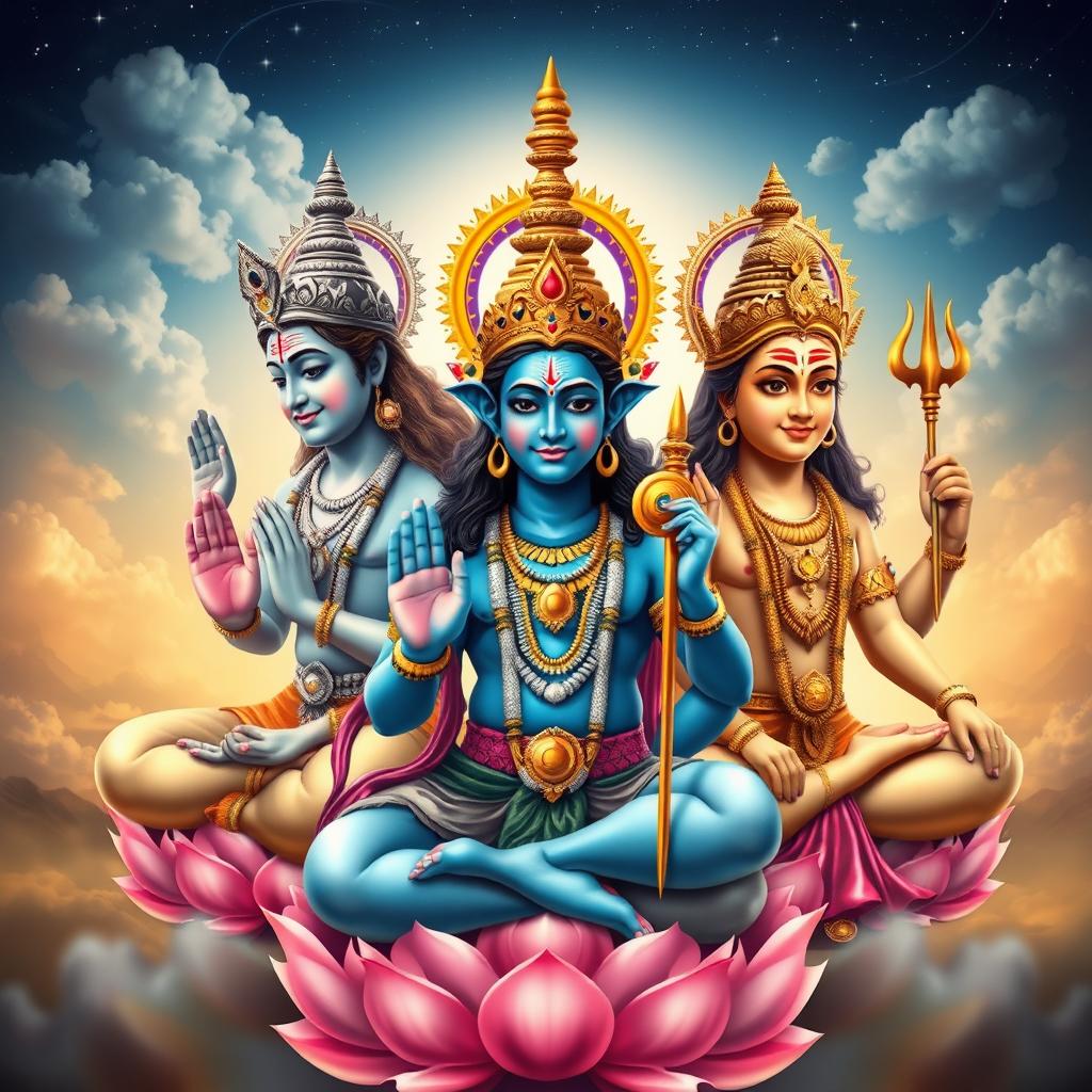 A divine trio featuring the Hindu deities Brahma, Vishnu, and Mahesh (Shiva) in a harmonious setting