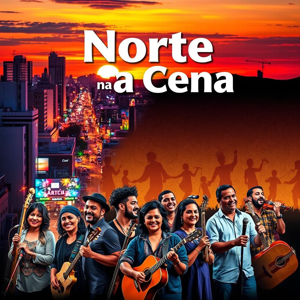 Album cover for a music titled "Norte na Cena", featuring a vibrant cityscape at sunset with colorful lights illuminating the streets, showcasing the hustle and bustle of nightlife
