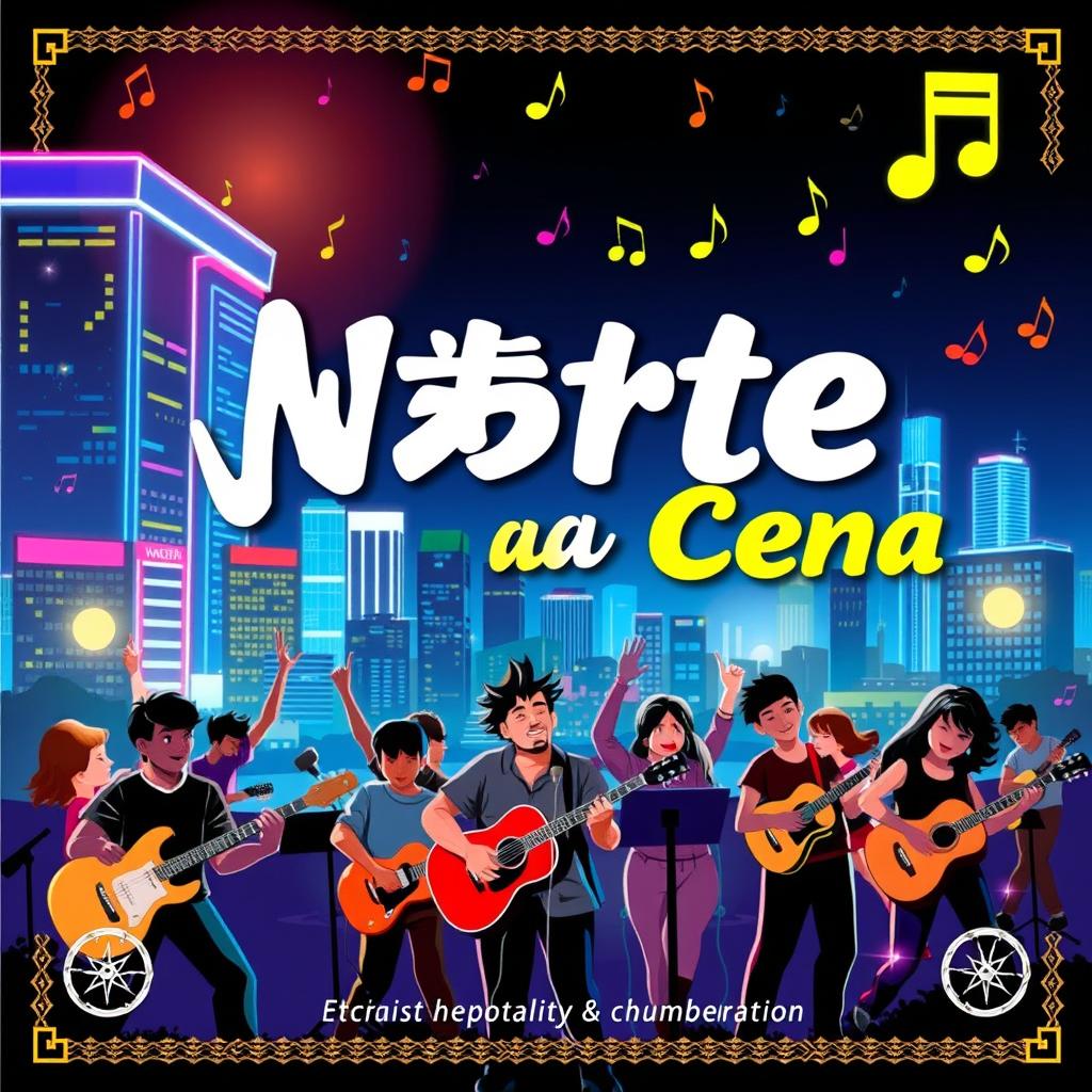 Album cover for a music titled "Norte na Cena" 🎶, featuring a lively and colorful night scene in a modern urban setting
