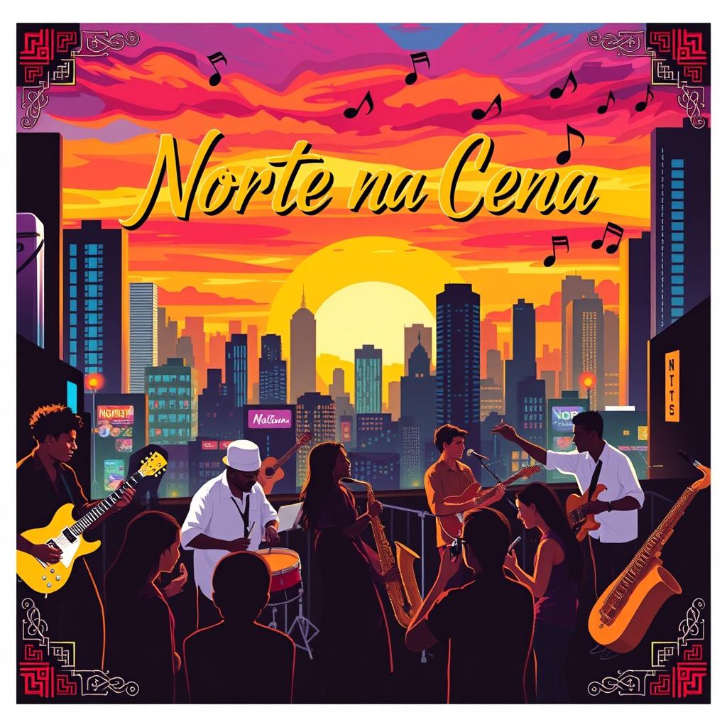 Album cover for a music titled "Norte na Cena" 🎶, showcasing a vibrant and energetic urban environment