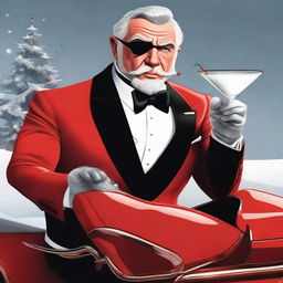 James Bond styled Santa Claus in a sophisticated suit with a Christmas twist, sipping milk from a martini glass, standing beside a high-tech sleigh that resembles Bond's iconic car.