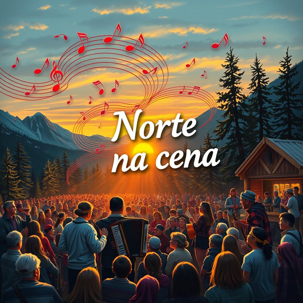 An artistic representation of a musical scene themed "Norte na cena," featuring elements that reflect northern culture, vibrant music notes swirling in the air, traditional northern instruments like accordions and drums, a lively crowd enjoying the music, and a backdrop of nature typical of the northern landscape with mountains and pine trees, all bathed in a warm, inviting sunset glow