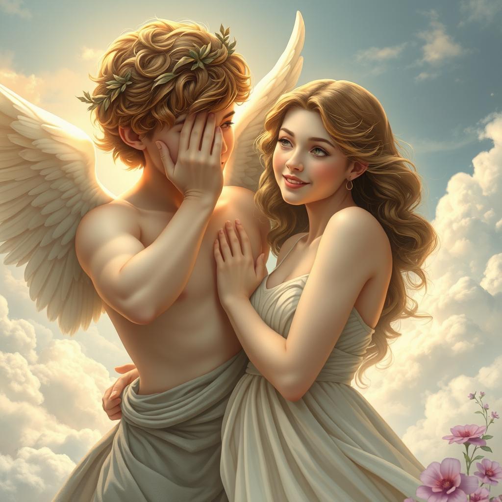 A captivating portrayal of Eros, the Greek god of love, playfully covering Psyche's eyes with his elegant hands to conceal himself