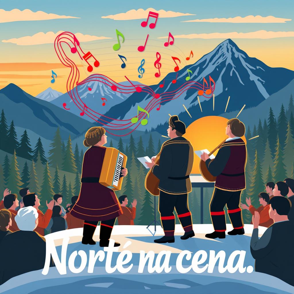 An artistic illustration for a music project titled "Norte na cena," capturing the essence of northern culture through vibrant imagery