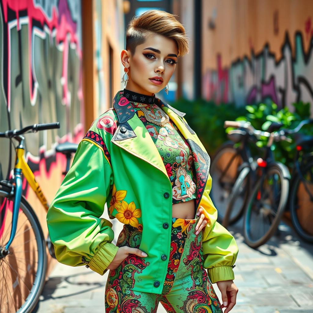 A young female model in a high-fashion clothing ensemble, showcasing vibrant colors and intricate patterns