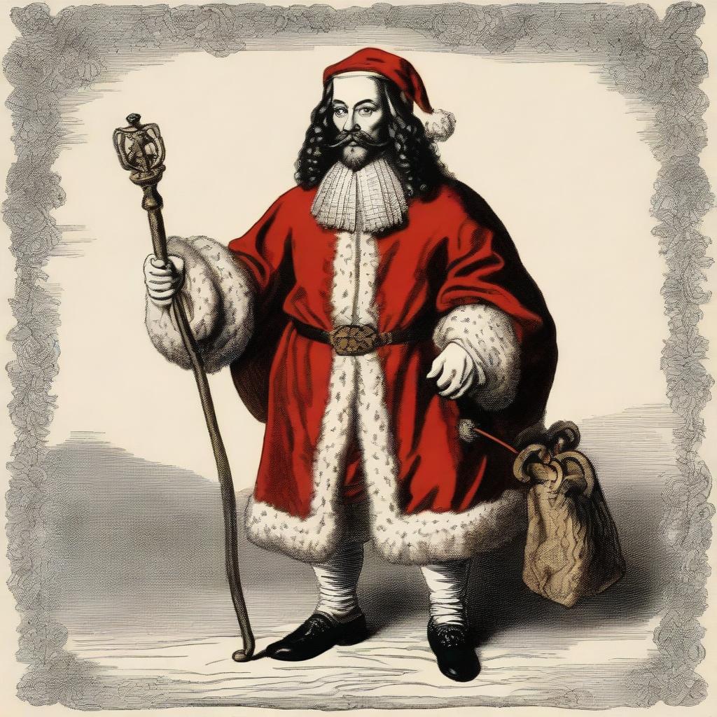 King Charles I of England dressed up as Santa Clause, wearing a royal fur-lined Santa outfit, holding a staff with a bag of gifts slung over the shoulder.