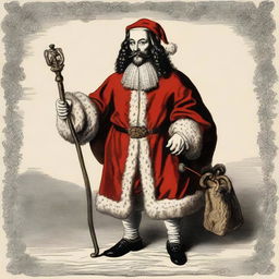 King Charles I of England dressed up as Santa Clause, wearing a royal fur-lined Santa outfit, holding a staff with a bag of gifts slung over the shoulder.