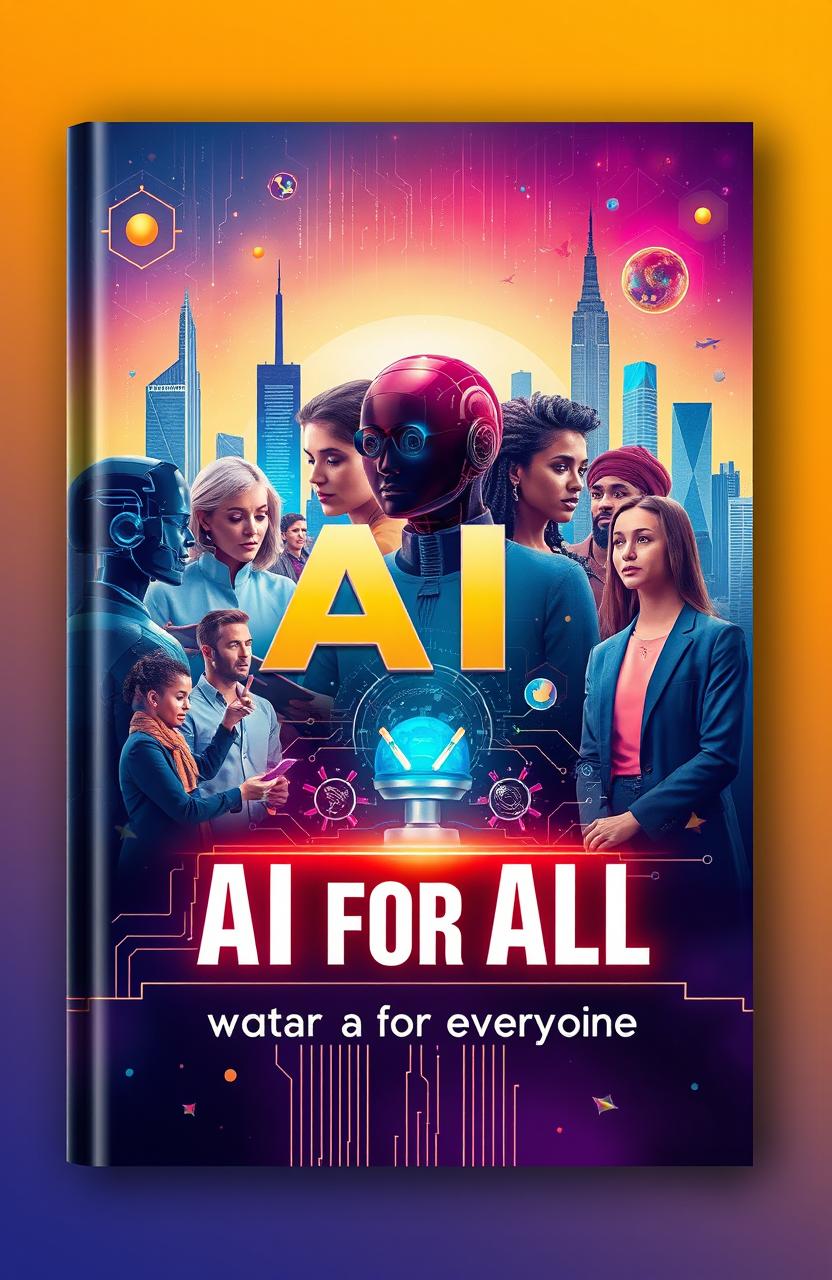 A captivating book cover design for a title "AI FOR ALL" featuring vibrant colors and futuristic elements
