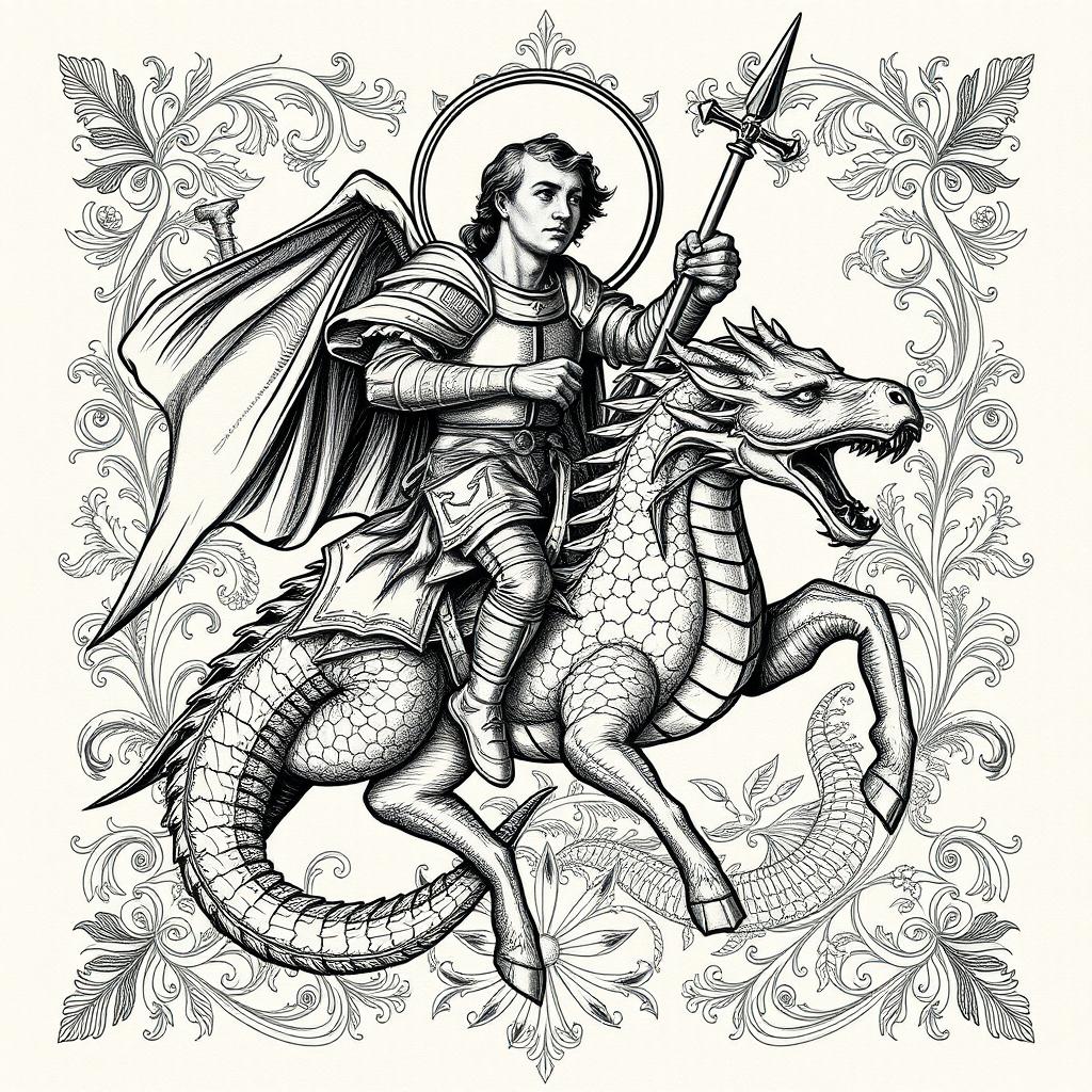 An intricate and detailed engraving of Saint George slaying the dragon, showcasing Saint George in a heroic pose with armor, a flowing cape, and a determined expression on his face