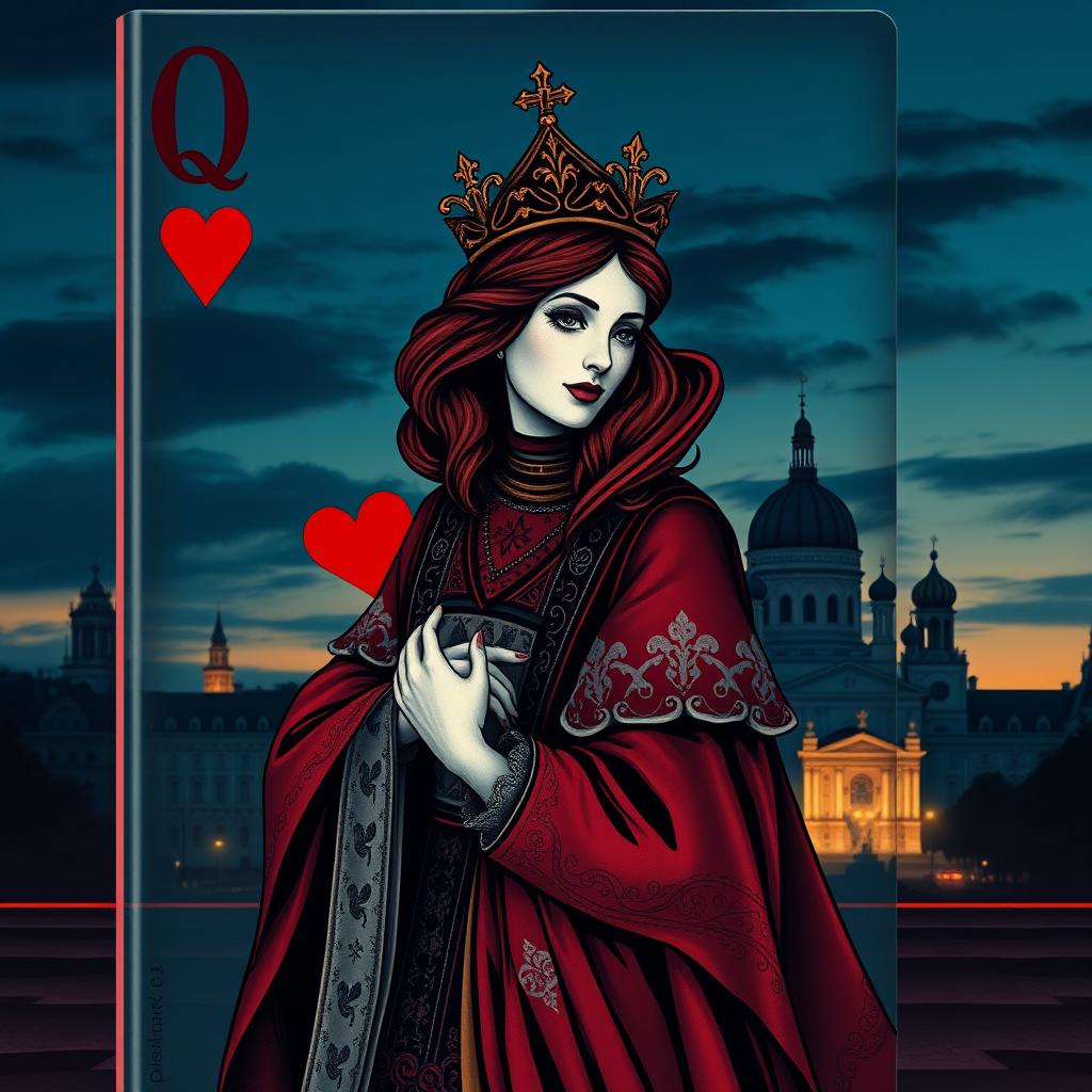 A stunning book cover design that showcases the playing card Queen of Hearts in all her glory, beautifully illustrated with intricate details that highlight her regal features and ornate attire