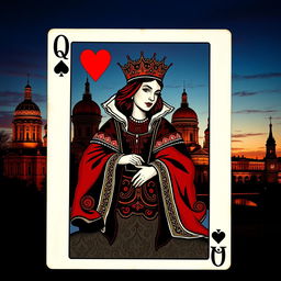 A stunning book cover design that showcases the playing card Queen of Hearts in all her glory, beautifully illustrated with intricate details that highlight her regal features and ornate attire