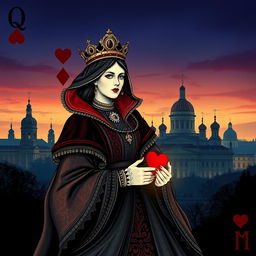 A stunning book cover design that showcases the playing card Queen of Hearts in all her glory, beautifully illustrated with intricate details that highlight her regal features and ornate attire