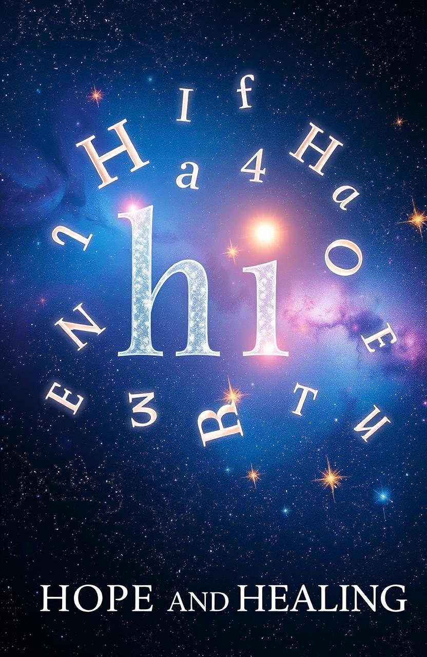 A visually striking book cover symbolizing hope and healing, featuring the word 'hi' dramatically in the center, surrounded by ethereal letters floating through a vast universe filled with twinkling stars and cosmic colors