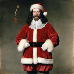 King Charles I of England dressed up as Santa Clause, wearing a royal fur-lined Santa outfit, holding a staff with a bag of gifts slung over the shoulder.